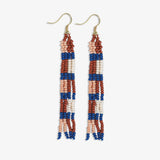June Checks And Stripes Petite Beaded Fringe Earrings Rust + Lapis SHORT FRINGE