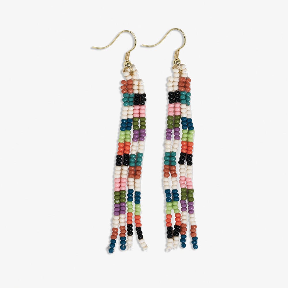 June Mini Checked Pattern Petite Beaded Fringe Earrings Multi-Check SHORT FRINGE