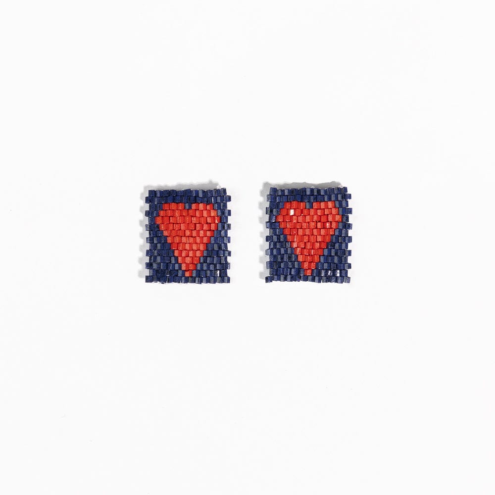 Kallie Heart Rectangle Post Beaded Earrings Navy Red Stud