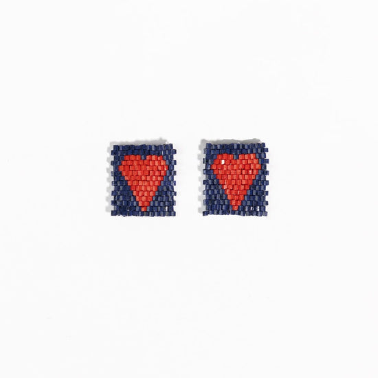 Kallie Heart Rectangle Post Beaded Earrings Navy Red Stud