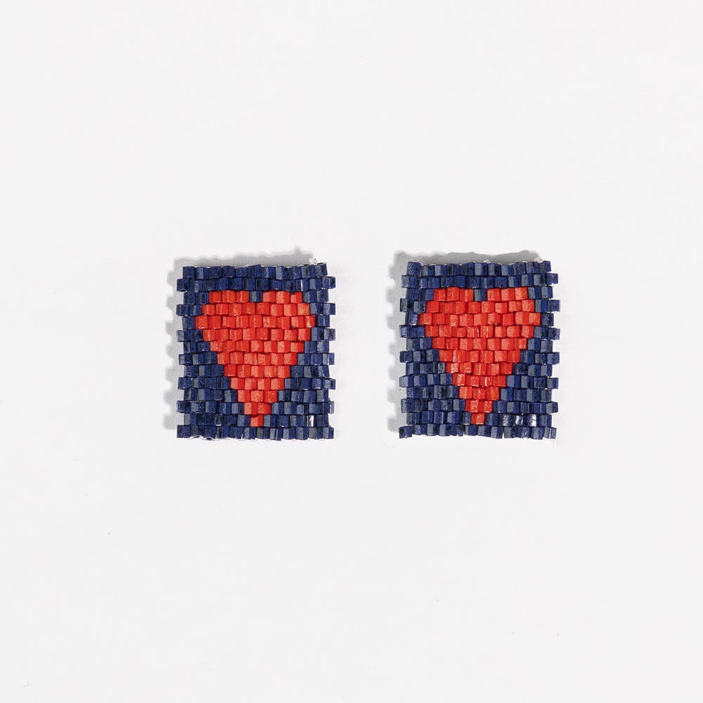 Kallie Heart Rectangle Post Beaded Earrings Navy Red Stud