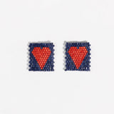 Kallie Heart Rectangle Post Beaded Earrings Navy Red Stud