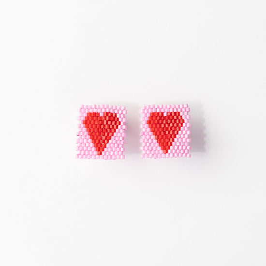 Kallie Heart Rectangle Post Beaded Earrings Pink Red Stud