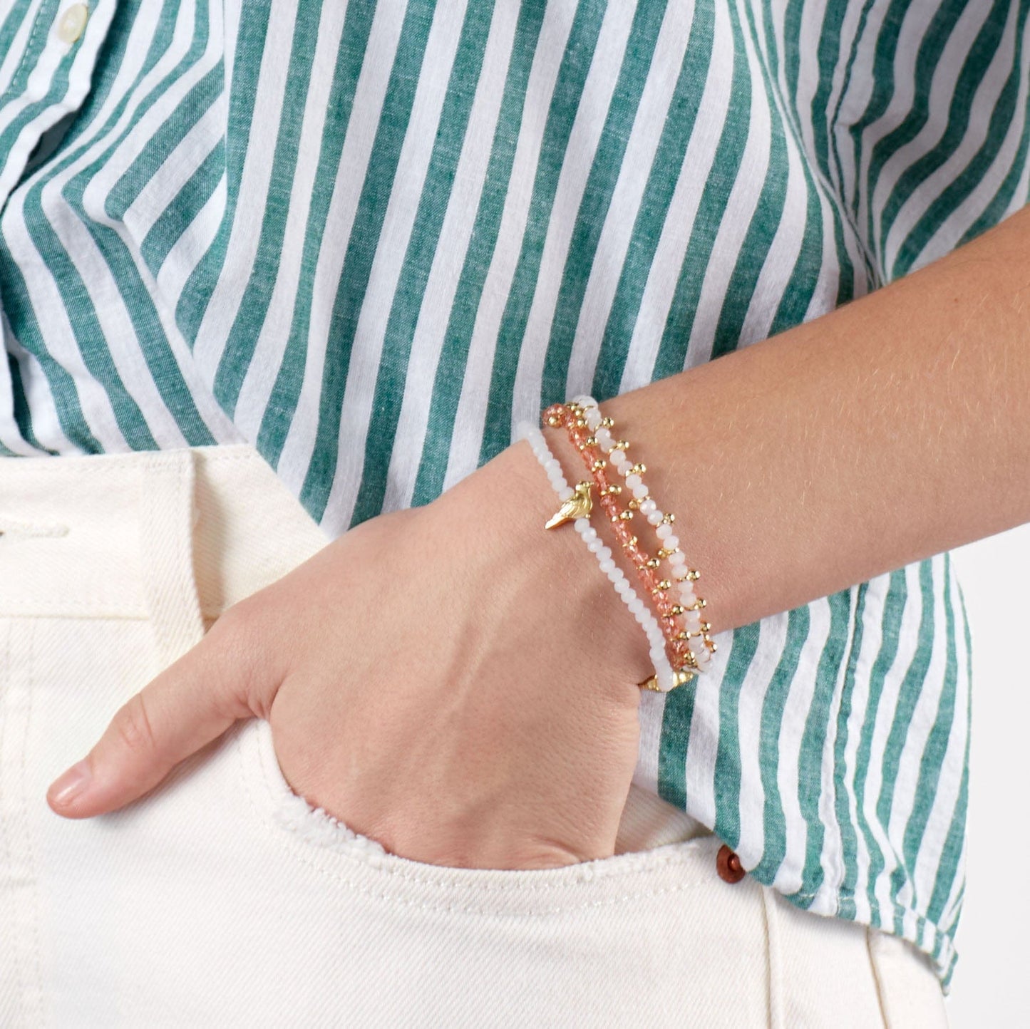 Kami Crystal With Brass Charm Stretch Bracelet Blush + Gold Stretch