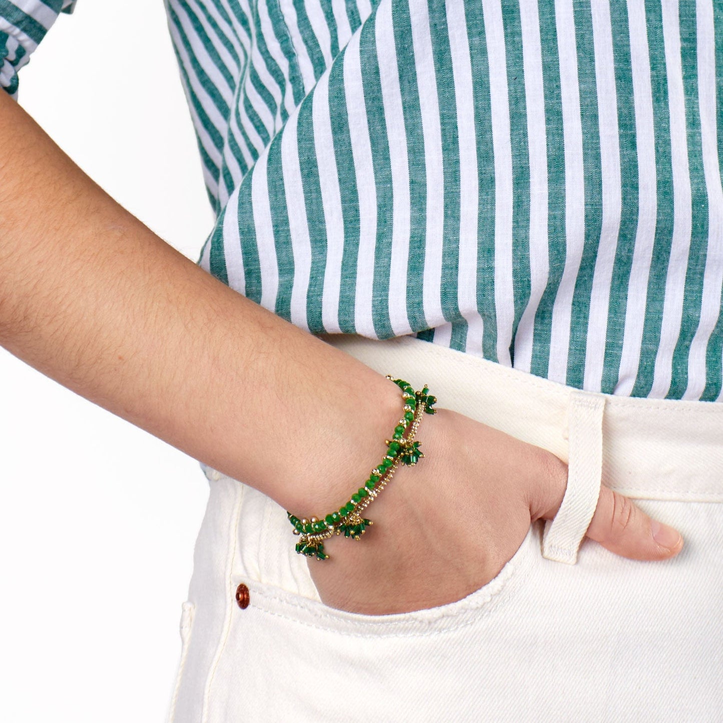 Kate Glass Cluster Beads Stretch Bracelet Dark Green Stretch