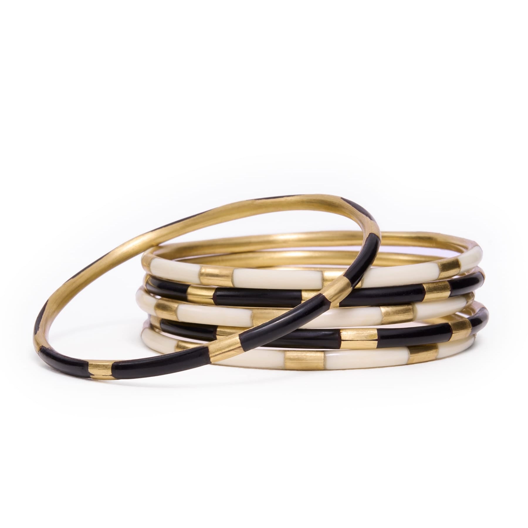 Katherine Bangle Set of 6 Black, White, + Brass Bracelet