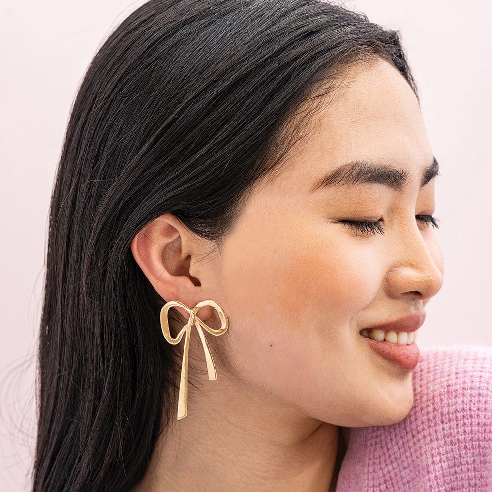 Load image into Gallery viewer, Katie Large Ribbon Bow Post Earrings Brass Earrings
