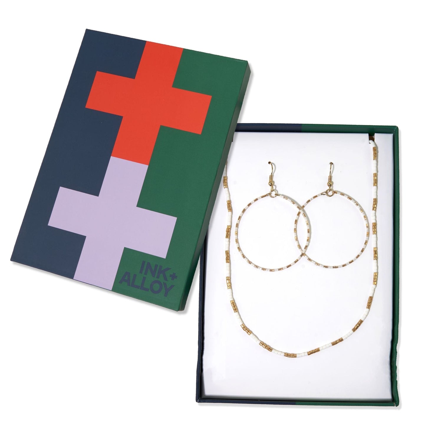 Kelly + Everly checkered beaded hoop earrings and necklace set Ivory/Gold