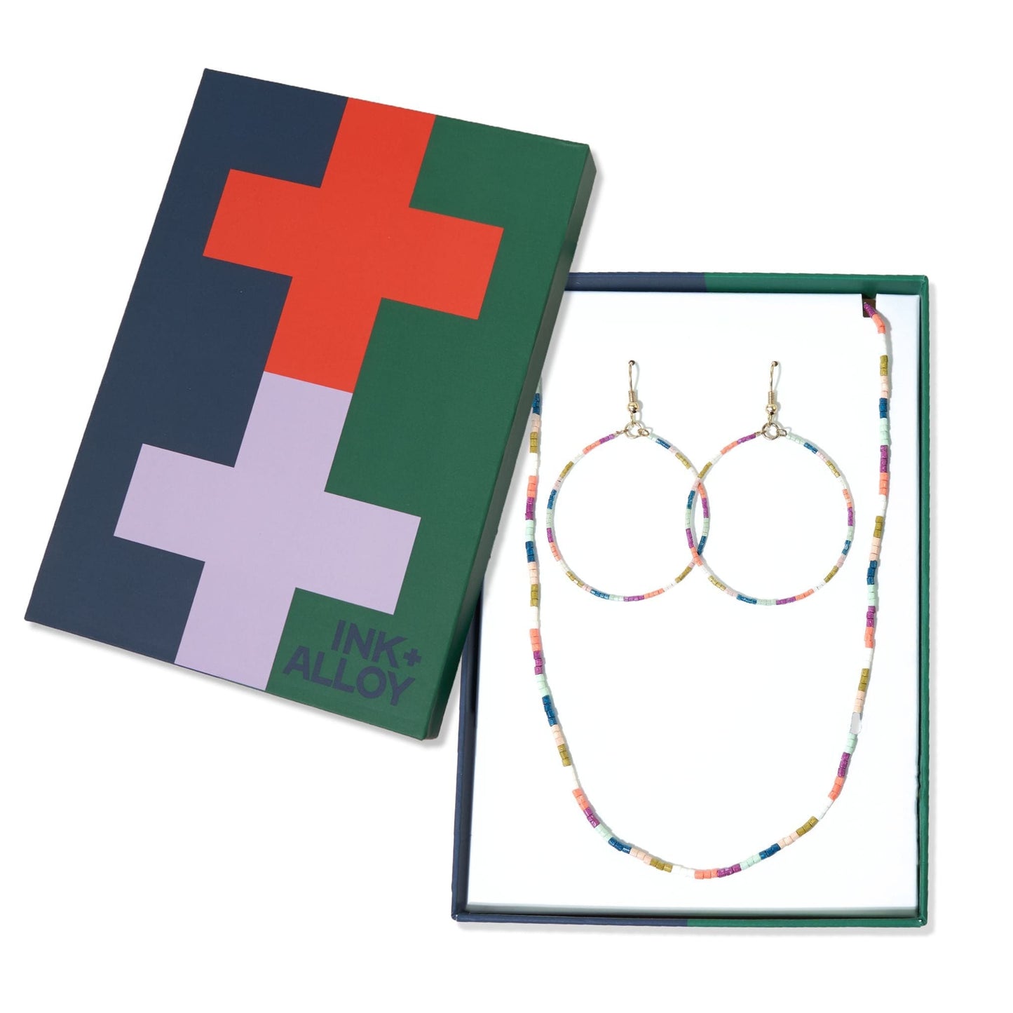 Kelly + Everly color block beaded hoop earrings and necklace set Rainbow
