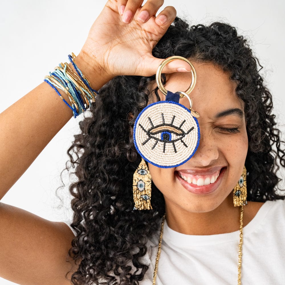 Kelsey Evil Eye Seed Bead Bag Charm Key Ring Royal Blue Bag Charm