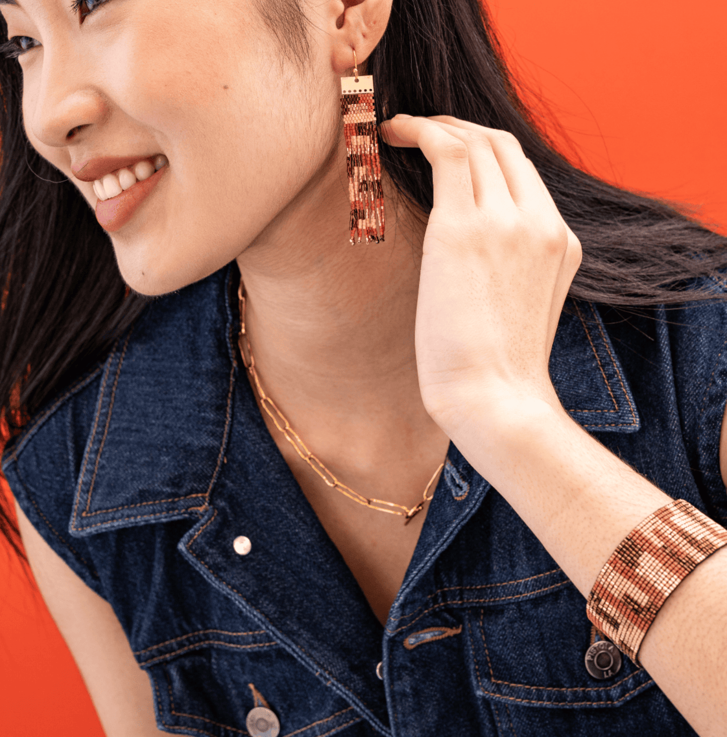 Kenzie Blocks Beaded Stretch Bracelet Apricot And Bronze Stretch