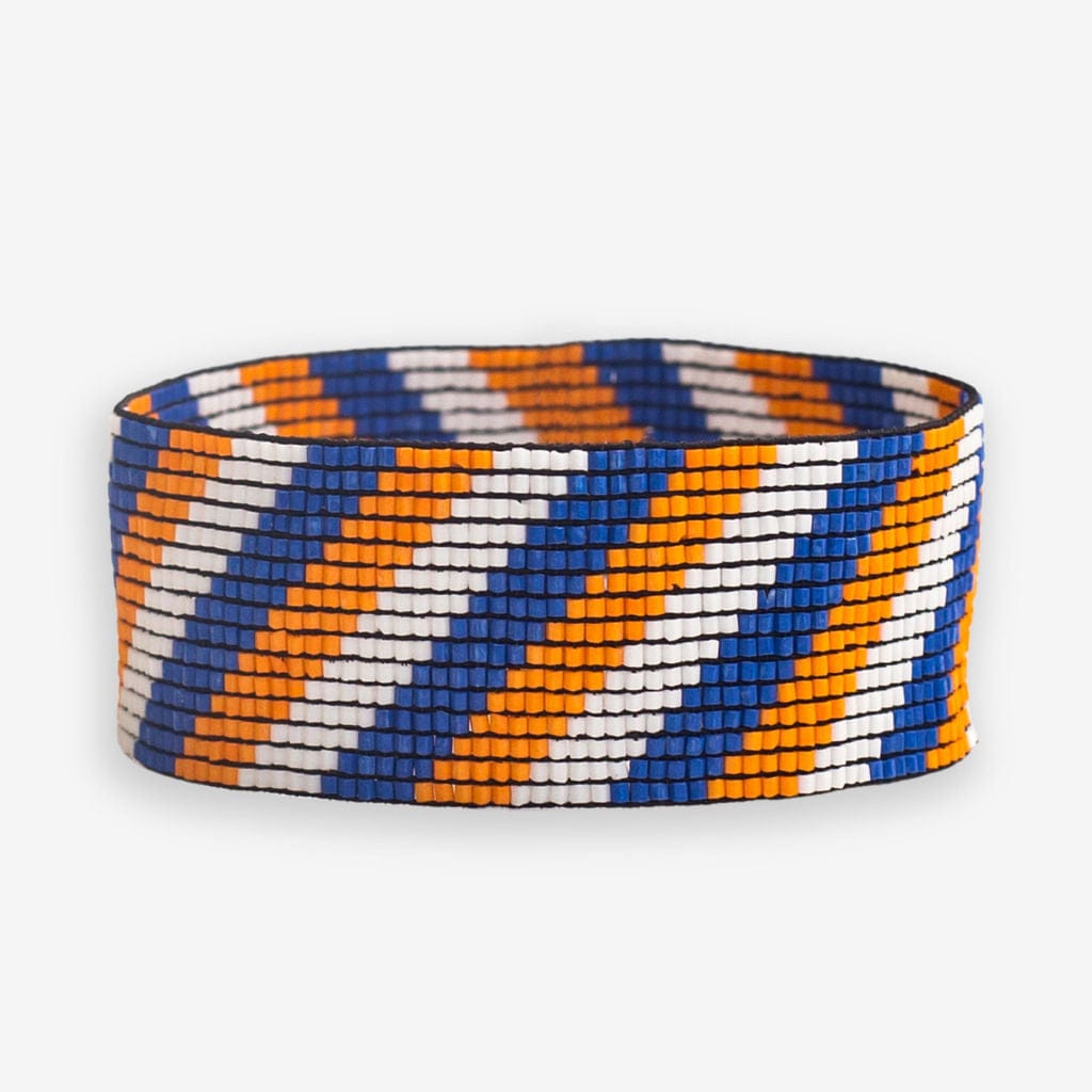 Kenzie Game Day Diagonal Stripes Beaded Stretch Bracelet Blue and Orange