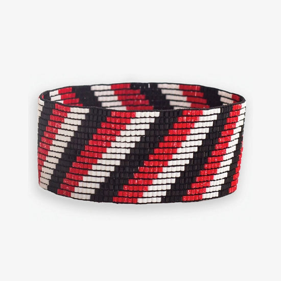 Kenzie Game Day Diagonal Stripes Beaded Stretch Bracelet Bright Red and Black