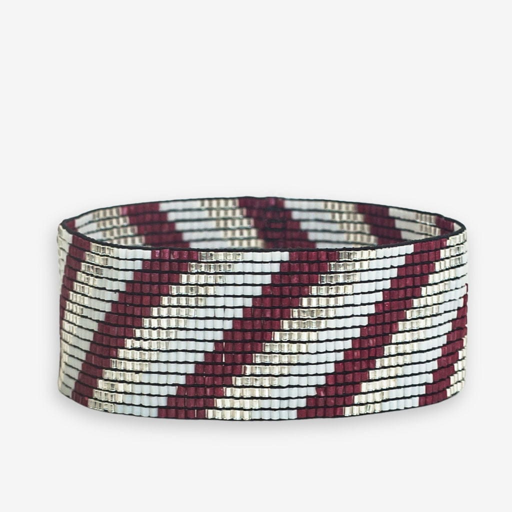 Kenzie Game Day Diagonal Stripes Beaded Stretch Bracelet Crimson and Silver