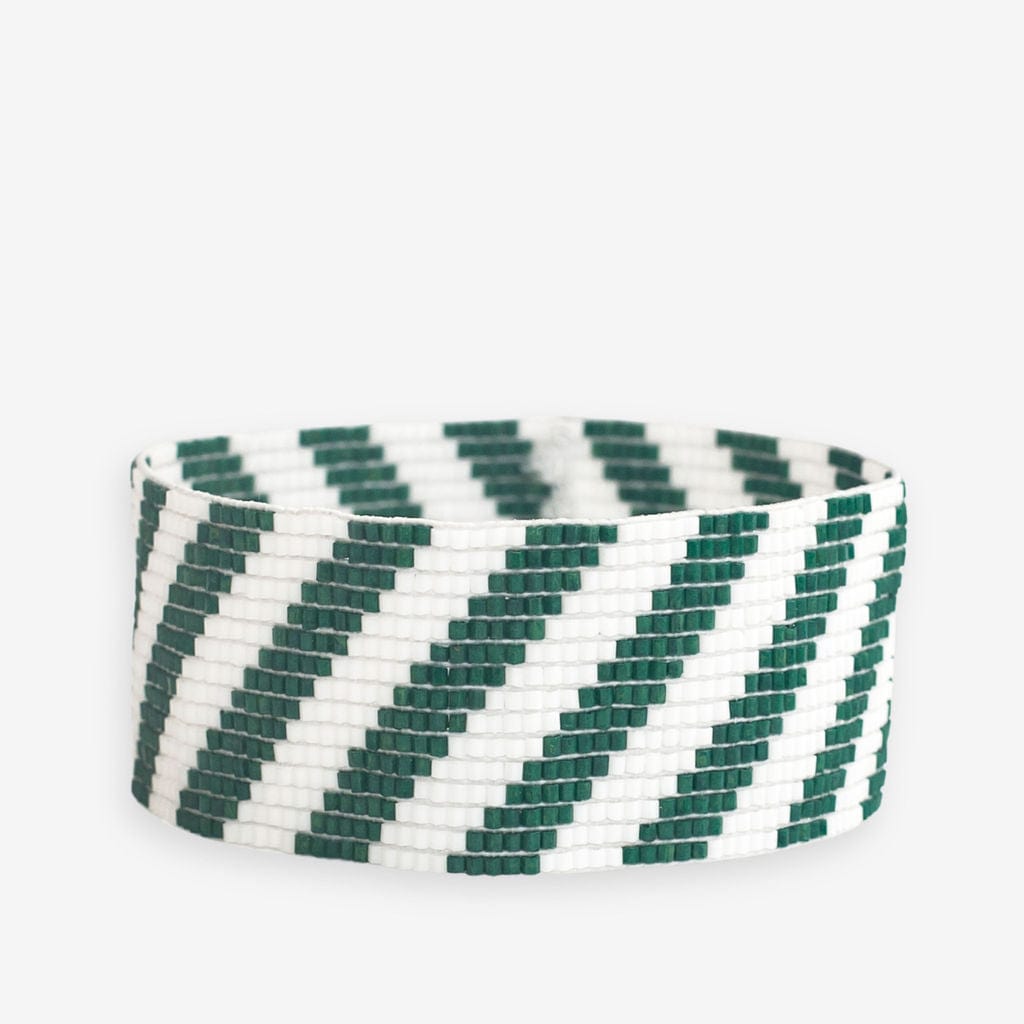 Kenzie Game Day Diagonal Stripes Beaded Stretch Bracelet Dark Green and White