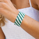 Kenzie Game Day Diagonal Stripes Beaded Stretch Bracelet Dark Green and White