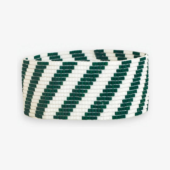 Kenzie Game Day Diagonal Stripes Beaded Stretch Bracelet Dark Green and White