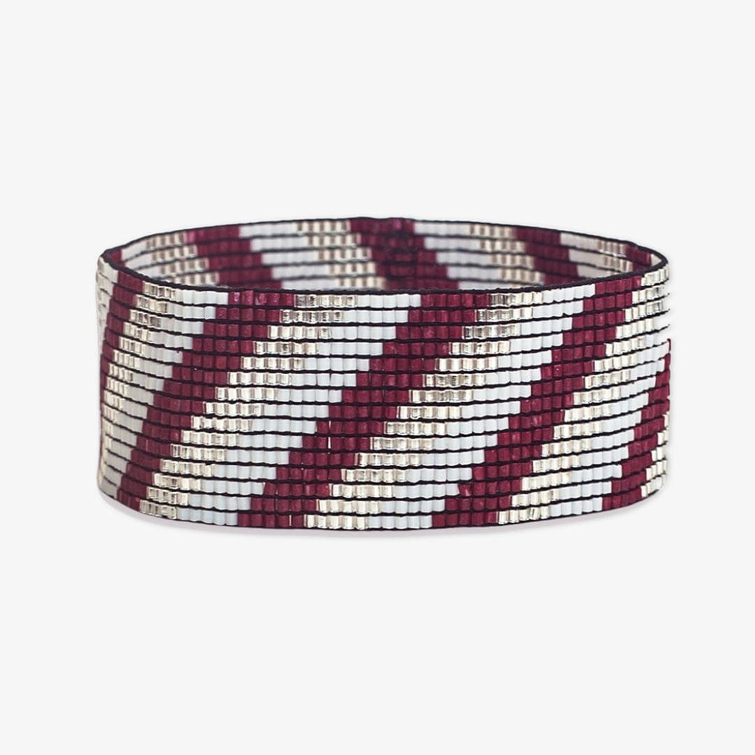 Kenzie Game Day Diagonal Stripes Beaded Stretch Bracelet Dark Red and Silver