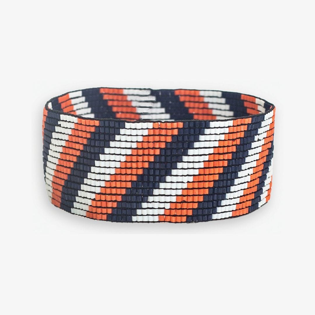 Kenzie Game Day Diagonal Stripes Beaded Stretch Bracelet Navy and Orange