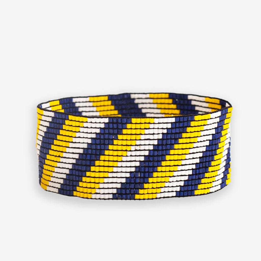 Kenzie Game Day Diagonal Stripes Beaded Stretch Bracelet Navy and Yellow