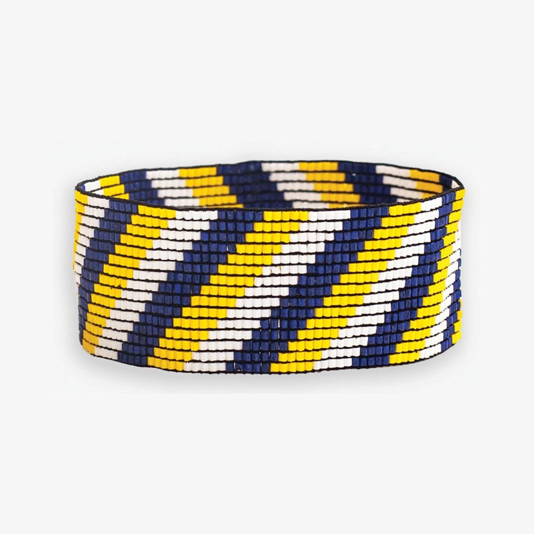 Kenzie Game Day Diagonal Stripes Beaded Stretch Bracelet Navy and Yellow