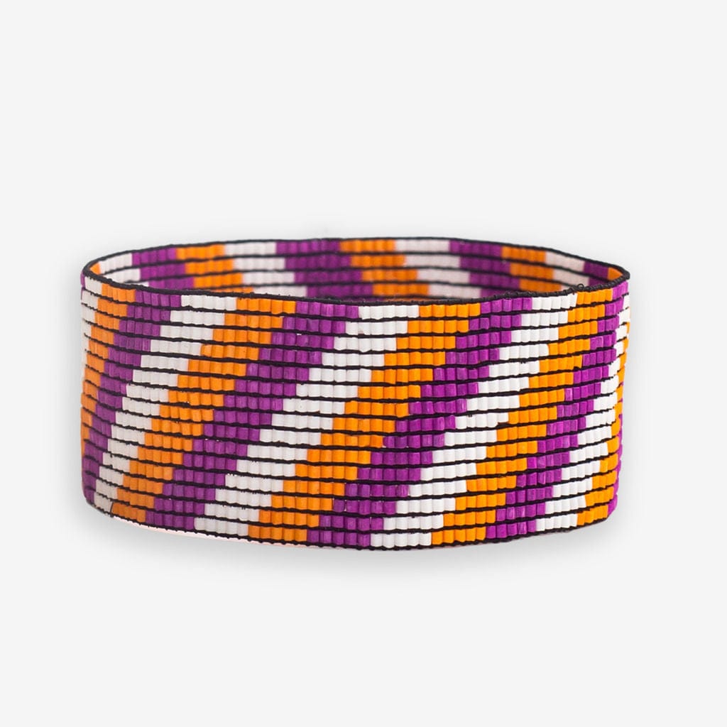 Kenzie Game Day Diagonal Stripes Beaded Stretch Bracelet Purple and Orange