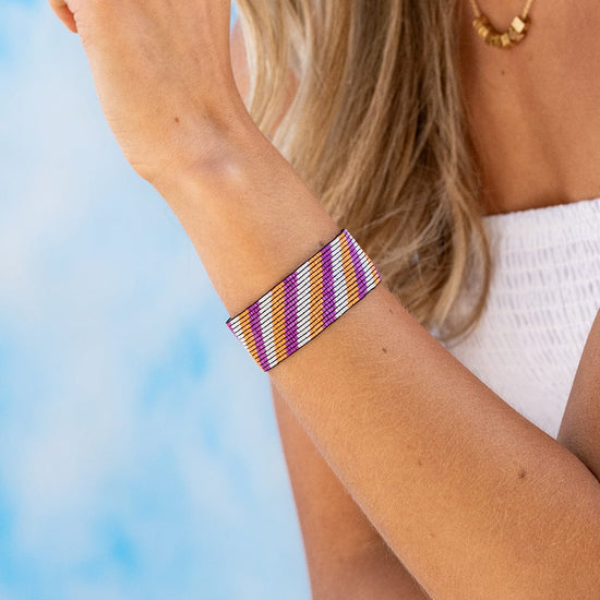 Kenzie Game Day Diagonal Stripes Beaded Stretch Bracelet Purple and Orange