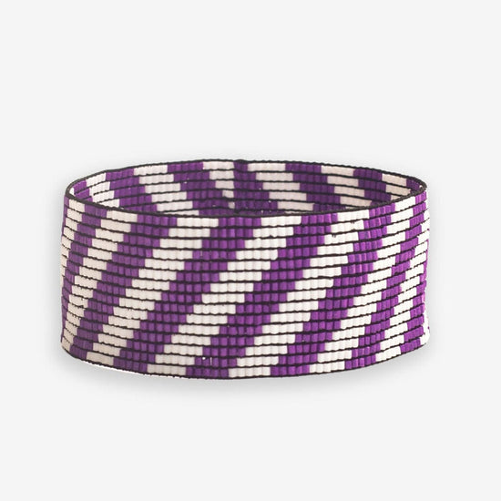 Kenzie Game Day Diagonal Stripes Beaded Stretch Bracelet Purple and White