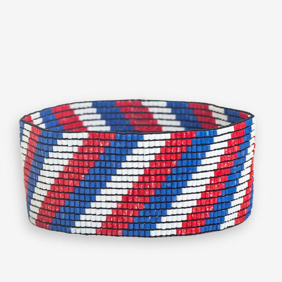 Kenzie Game Day Diagonal Stripes Beaded Stretch Bracelet Red White and Blue