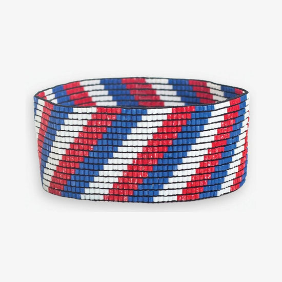 Kenzie Game Day Diagonal Stripes Beaded Stretch Bracelet Red White and Blue