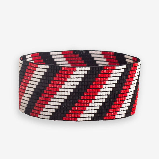Kenzie Game Day Diagonal Stripes Beaded Stretch Bracelet Scarlet and Black