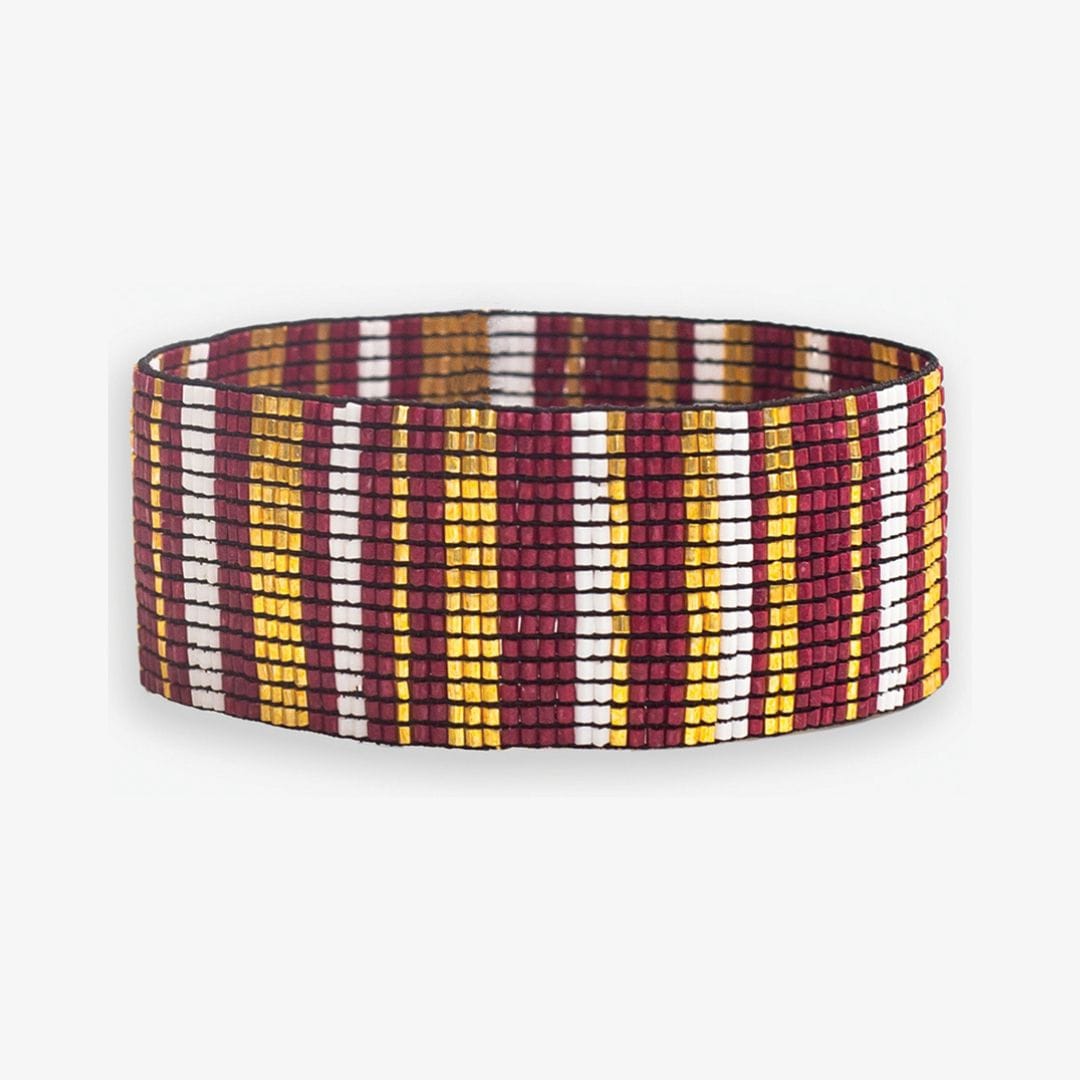 Kenzie Game Day Vertical Stripes Beaded Stretch Bracelet Dark Red and Gold