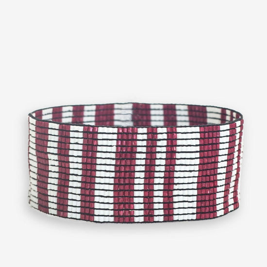 Kenzie Game Day Vertical Stripes Beaded Stretch Bracelet Dark Red and White