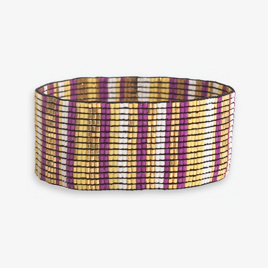 Kenzie Game Day Vertical Stripes Beaded Stretch Bracelet Purple and Yellow