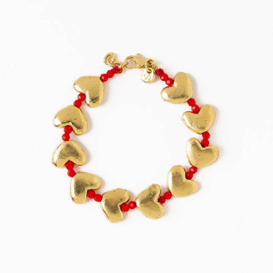Kirsten Brass Heart Bracelet With Crystals Red Clasp