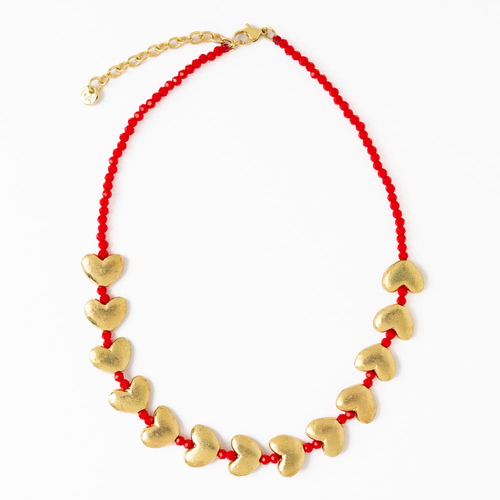 Kirsten Brass Heart Necklace With Crystals Red Single Strand