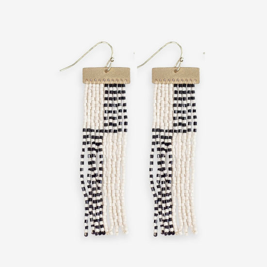 Lana Rectangle Hanger Colorblocks With Stripes Beaded Fringe Earrings Black/White SHORT FRINGE