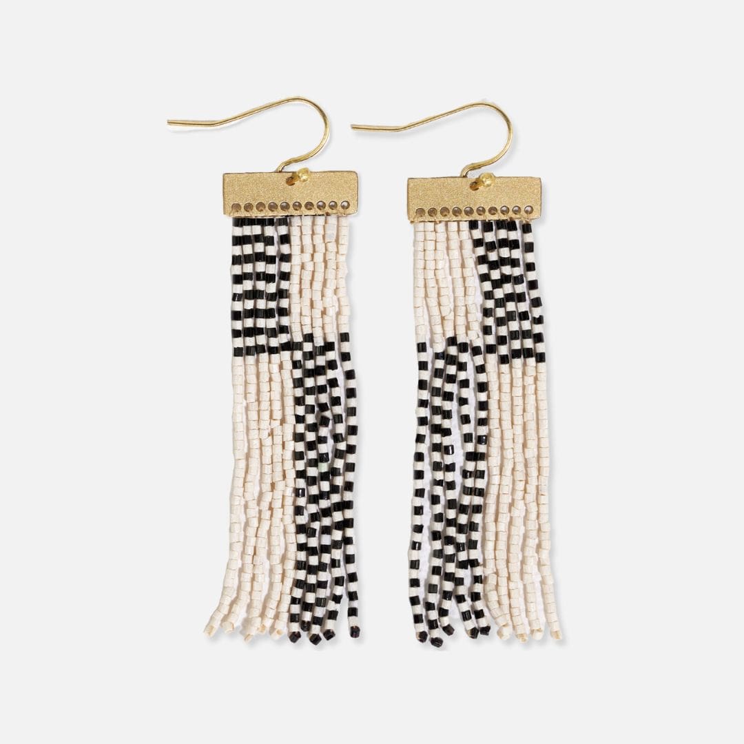 Lana Rectangle Hanger Colorblocks With Stripes Beaded Fringe Earrings Black/White Fringe Earrings