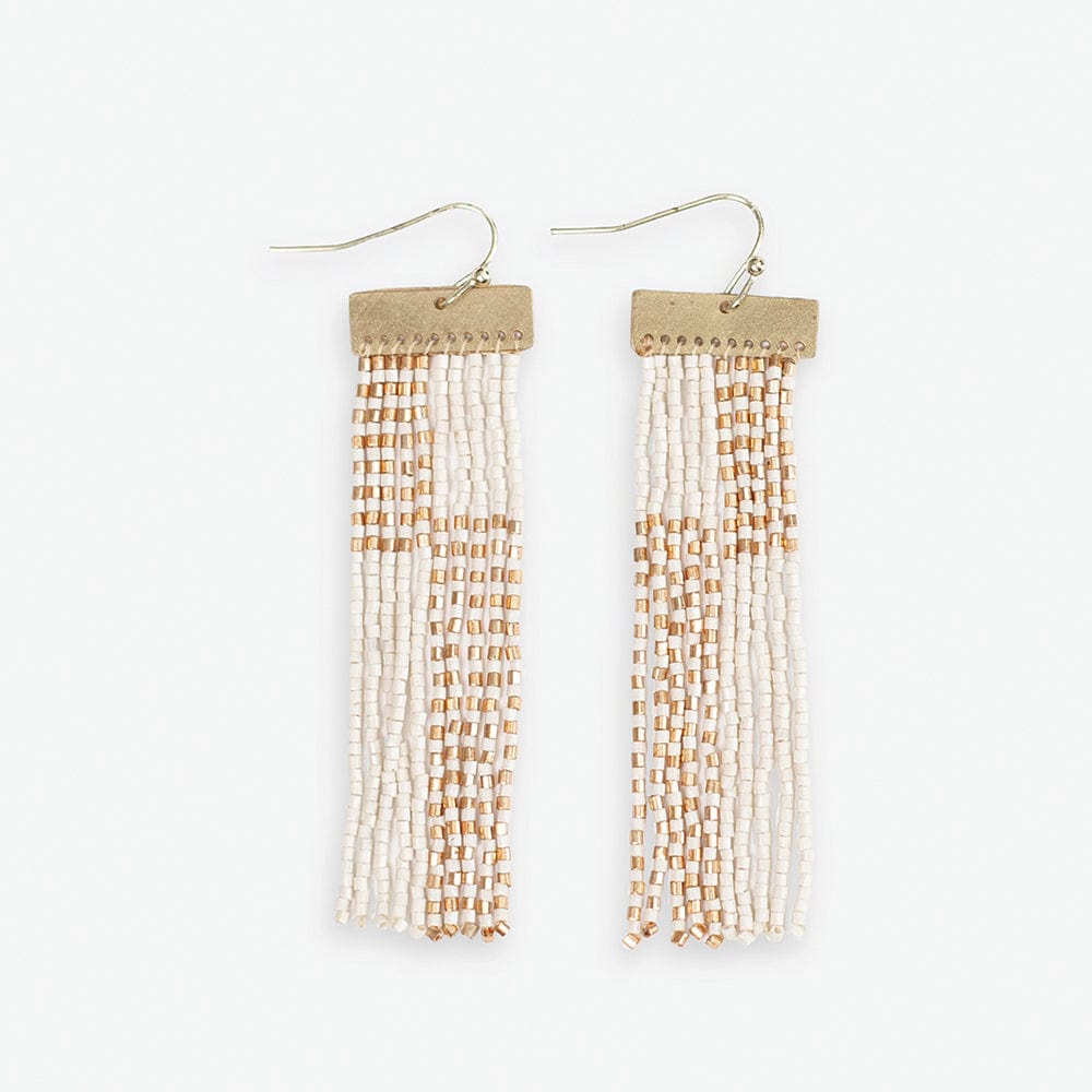 Lana Rectangle Hanger Colorblocks With Stripes Beaded Fringe Earrings Ivory/Gold SHORT FRINGE