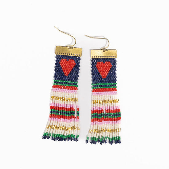 Lauren Stripe Heart Beaded Earrings Navy Red Fringe