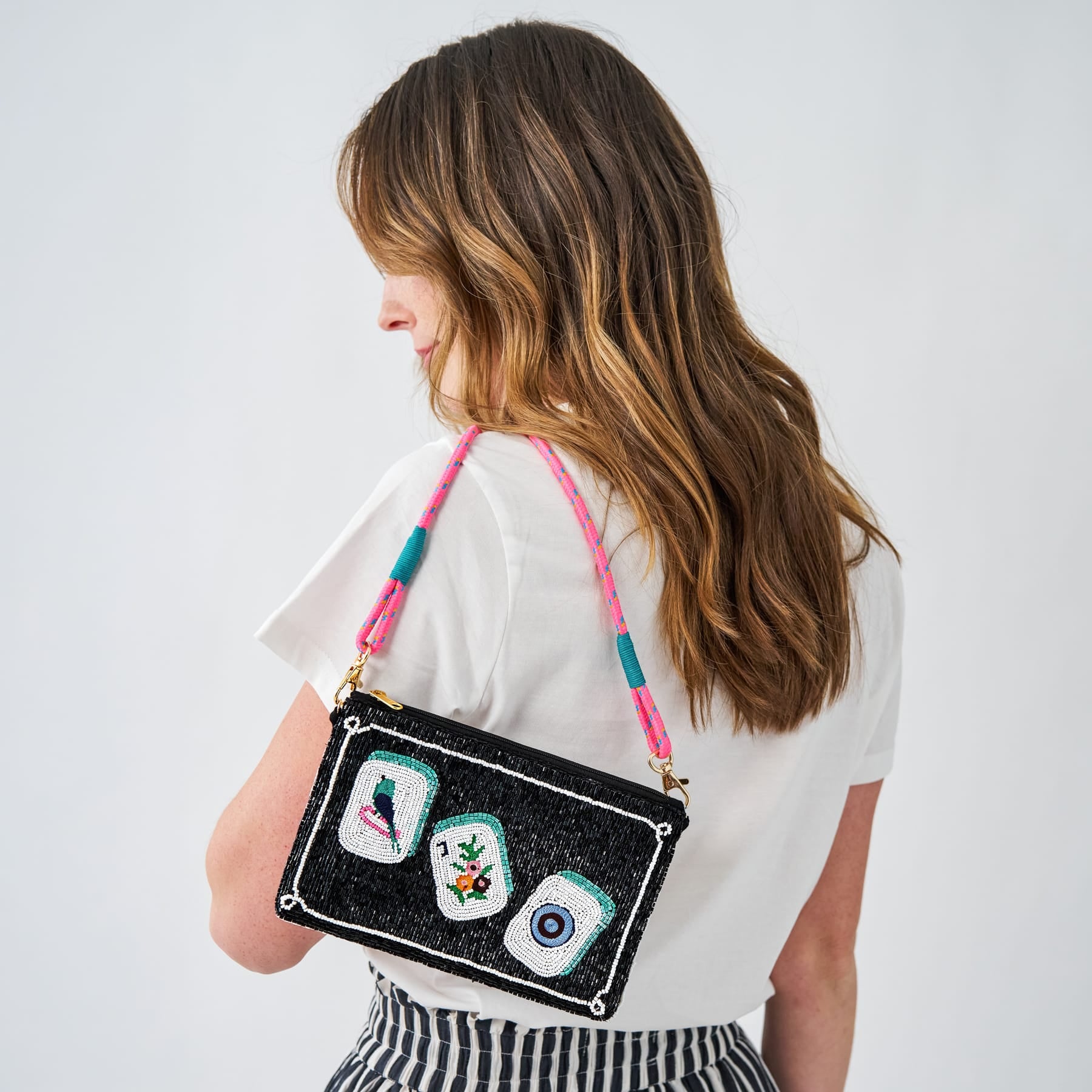 Leila Mahjong Seed Bead Clutch With Strap Bag