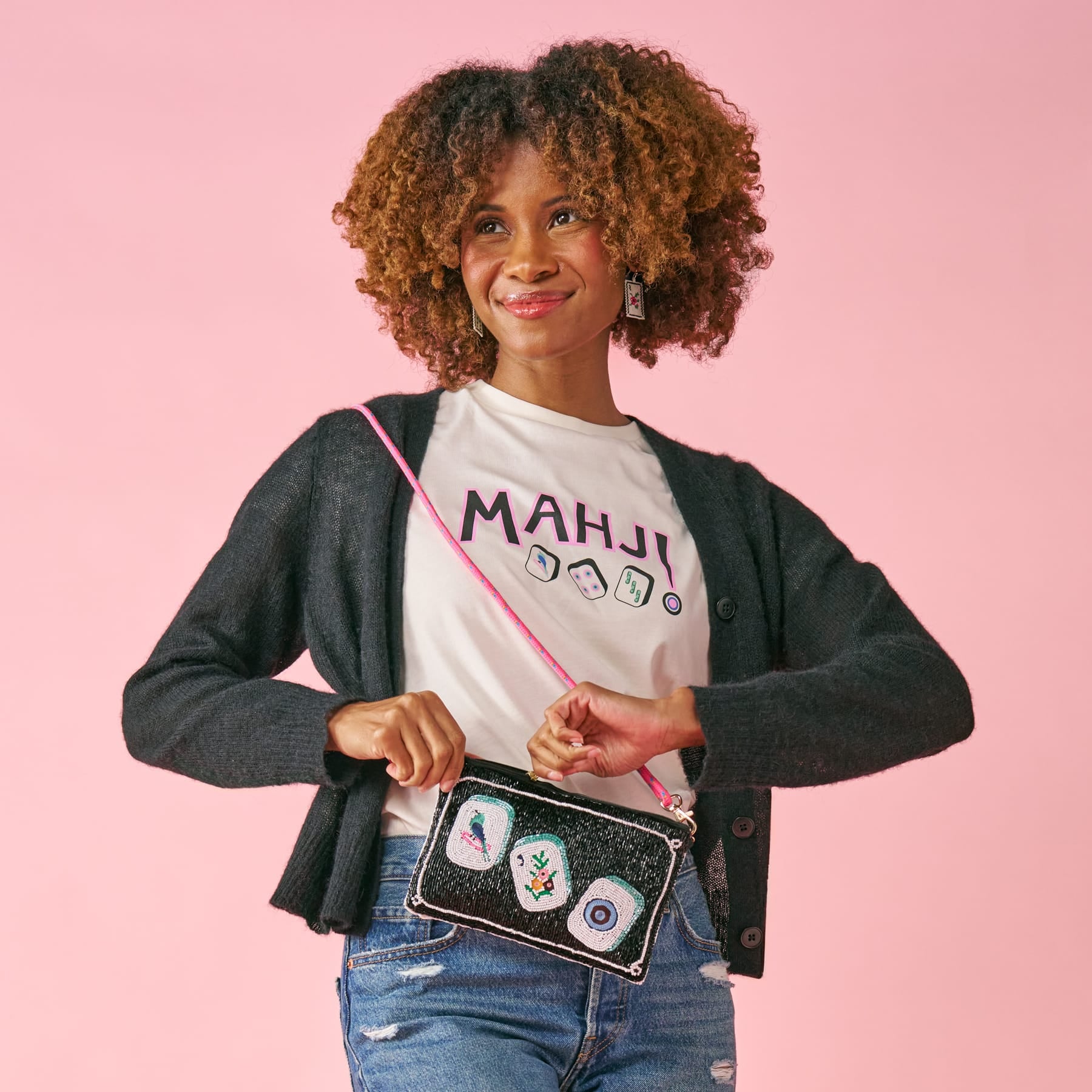 Leila Mahjong Seed Bead Clutch With Strap Bag