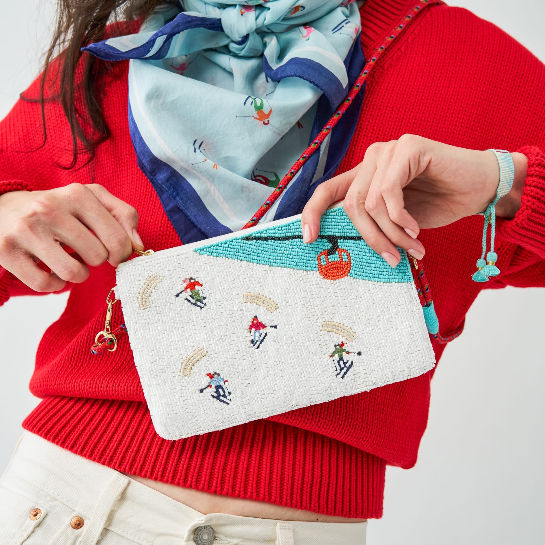 Leila Skier Seed Bead Clutch With Strap Bag