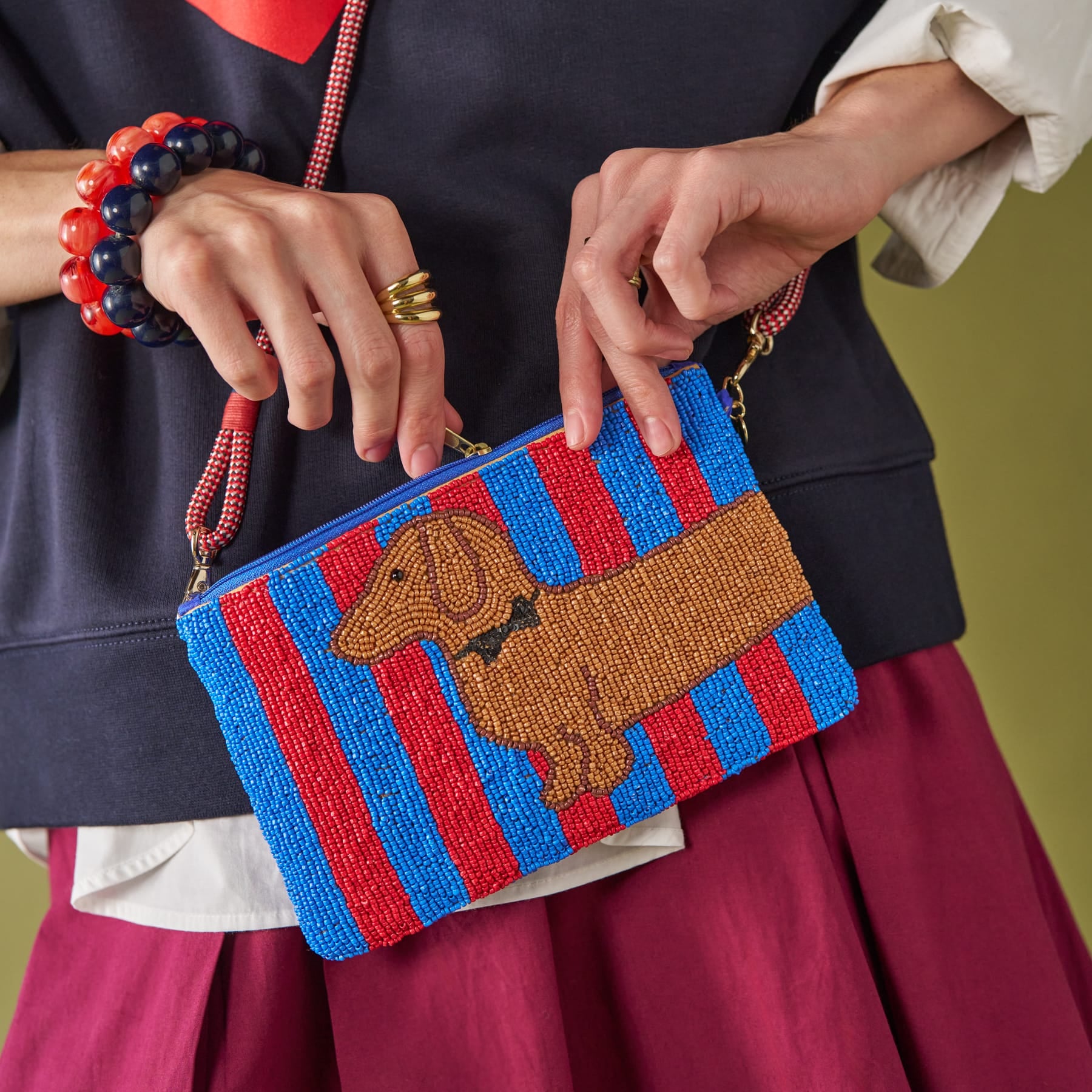 Leila Striped Beaded Dachshund Bag Red + Blue Bag