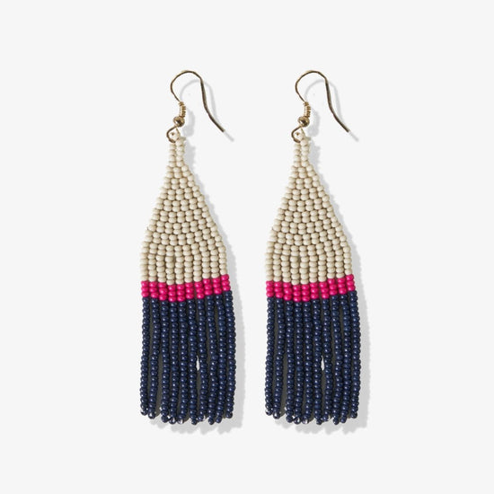 Lennon Color Block Stripe Beaded Fringe Earrings Navy Earrings