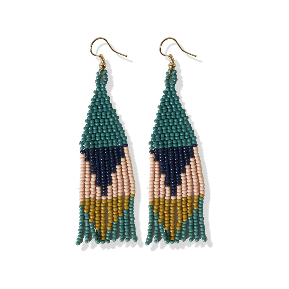 Lennon Two Color Triangles Beaded Fringe Earrings Teal Earrings