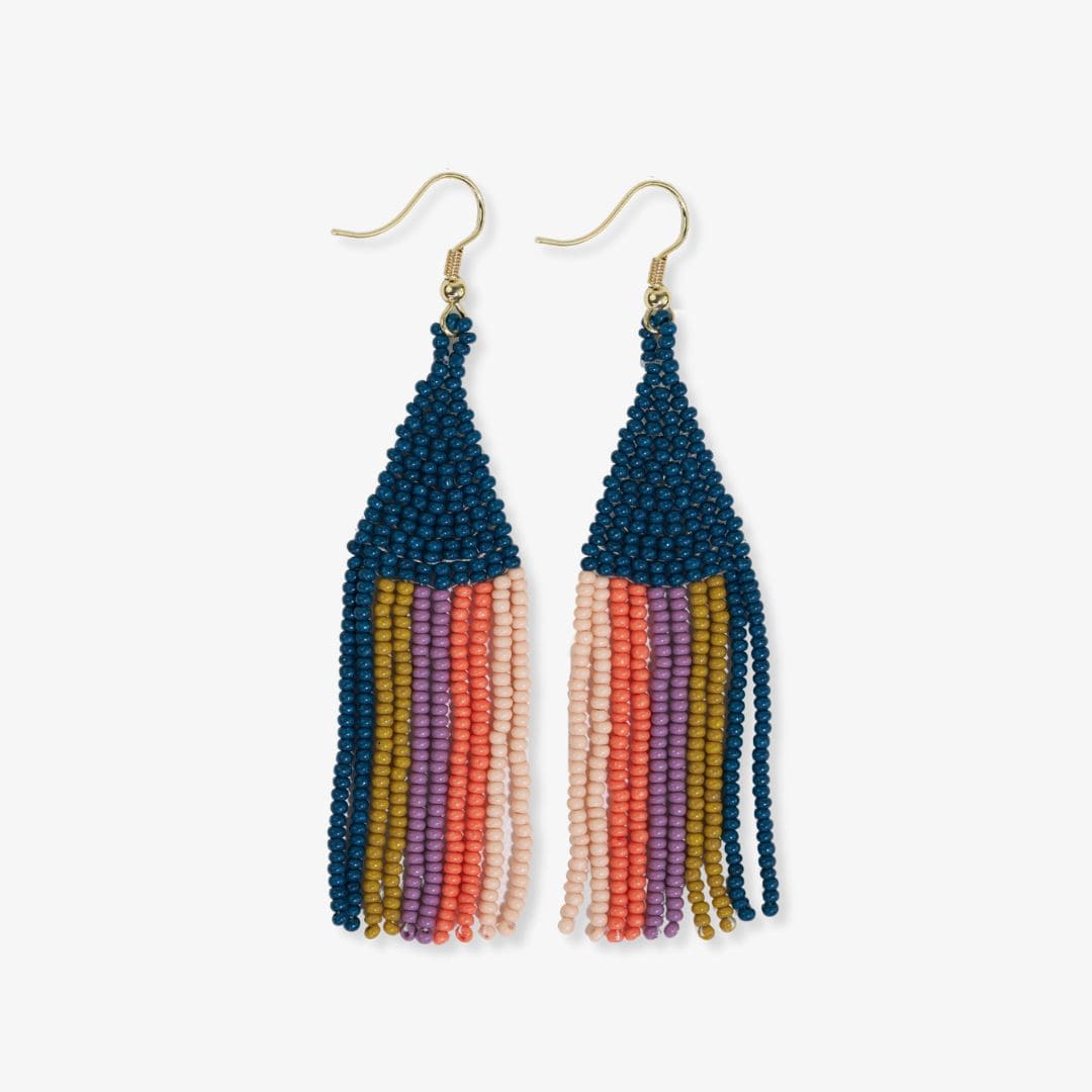 Lennon Vertical Stripes Beaded Fringe Earrings Citron + Coral Fringe Earrings