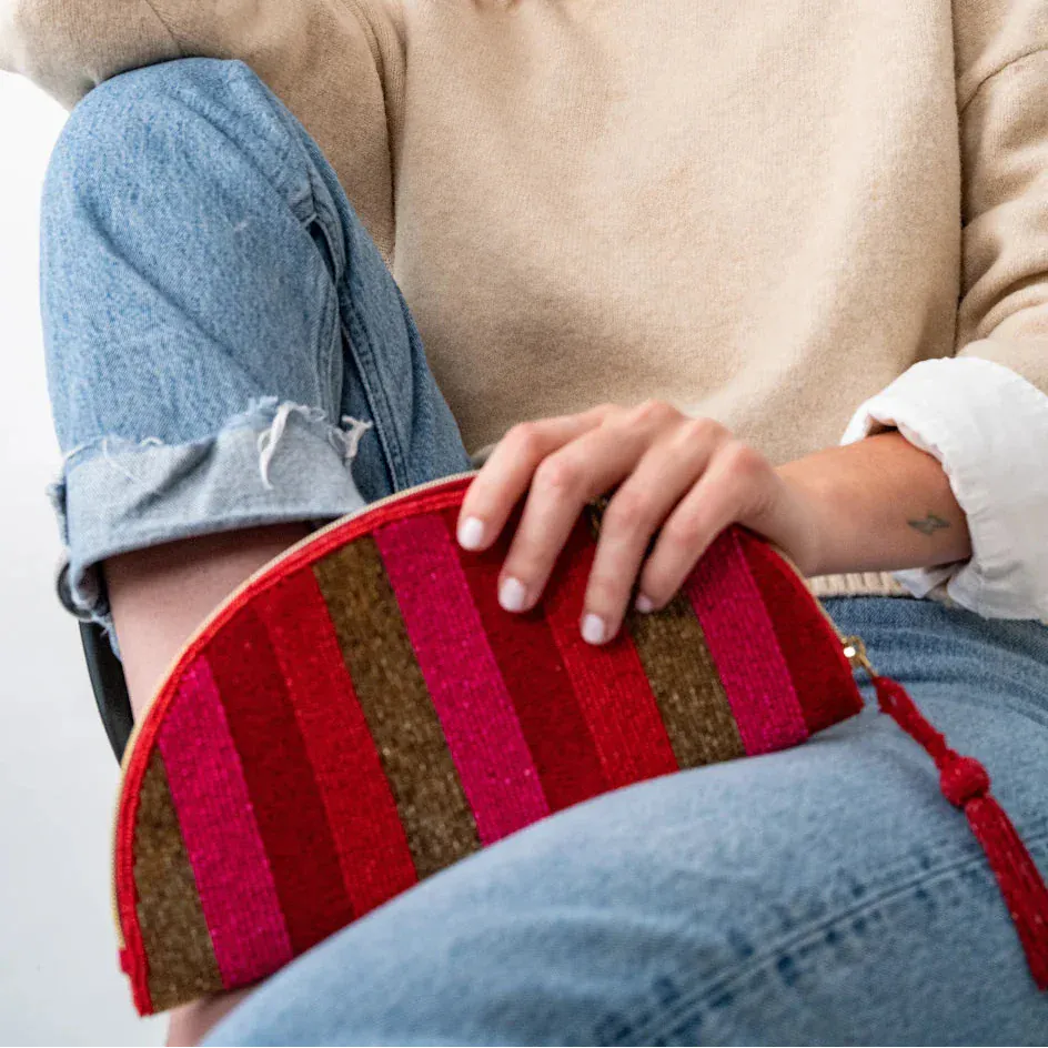 Leslie Vertical Stripes Beaded Half Circle Clutch Red, Pink, + Gold Clutch