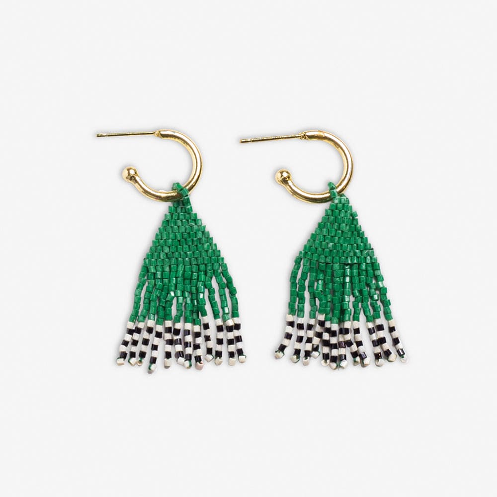 Leta Mini Gold Hoop Solid With Black/White Bottom Beaded Fringe Earrings Kelly Green