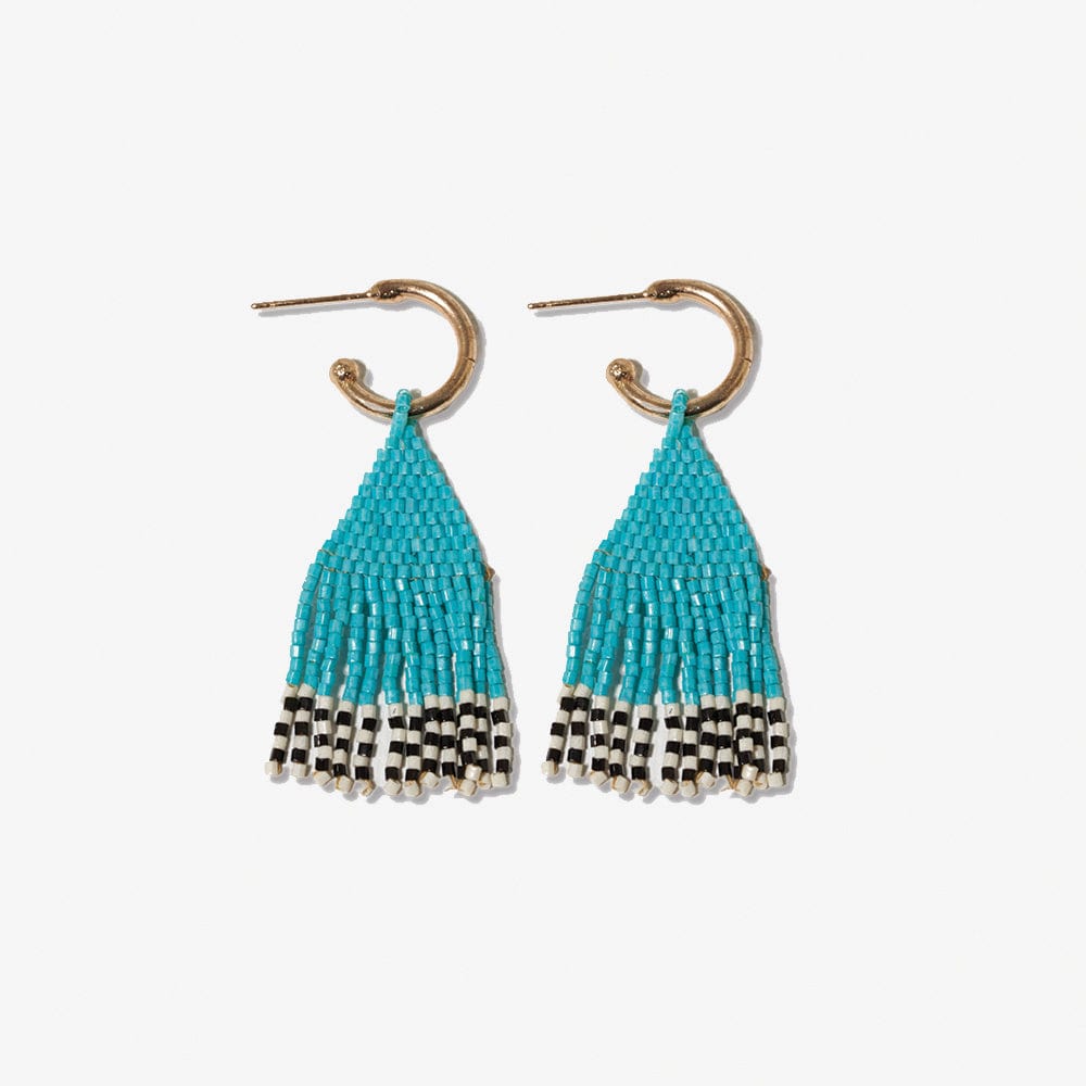 Leta Mini Gold Hoop Solid With Black/White Bottom Beaded Fringe Earrings Turquoise
